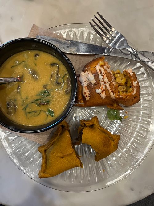 Empanadas (Mexican Street Corn, Lentil) and coconut miso soup at Nomada  at Nomada Bakery in Huntington