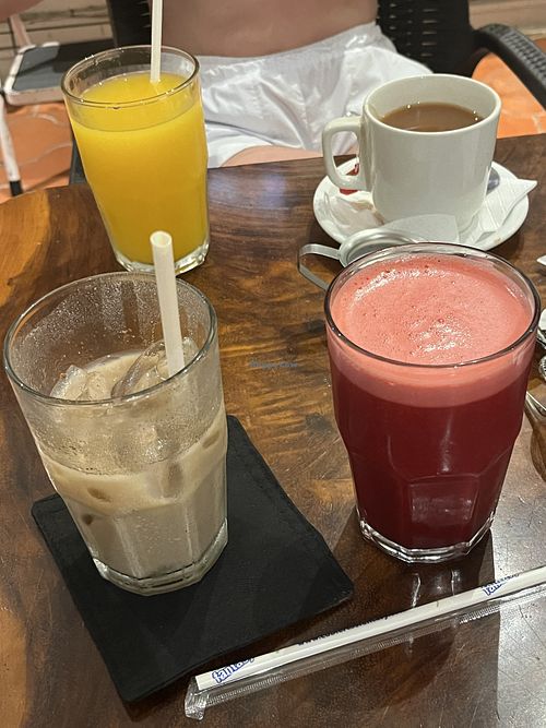 mixed juices, tea and iced chai with oat milkk  at A Page in the Sun in Puerto Vallarta