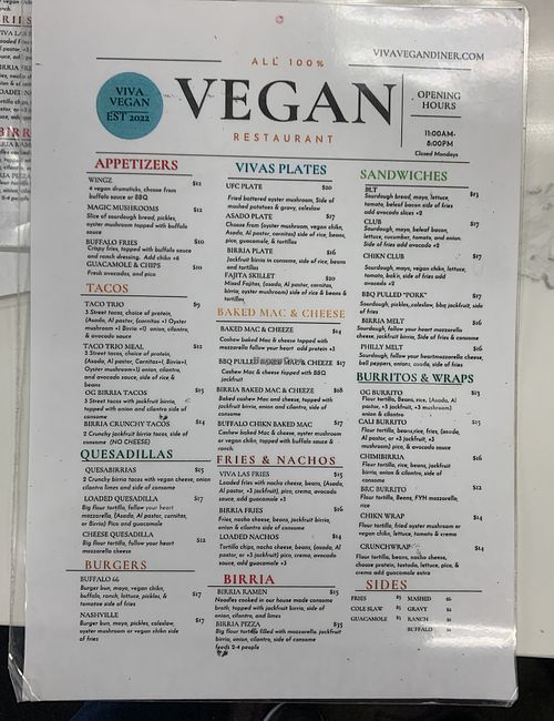 Restaurant menu  at Viva Vegan Diner in Upland