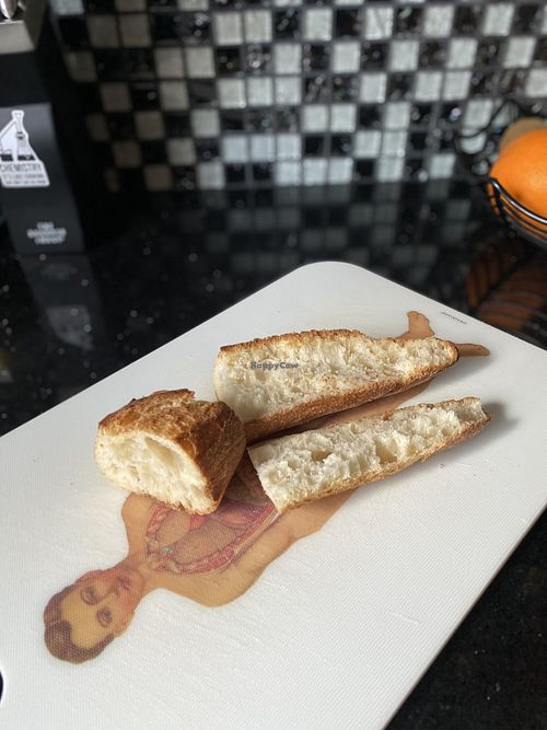 Cut Baguette Getting Ready for Simple Vegan Bruschetta  at As Kneaded Bakery in San Leandro