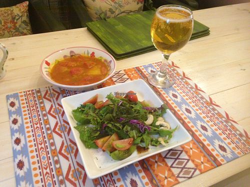 goulash, salad and wine at Loving Hut - Hairlatte in Busan