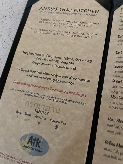 Menu  at Andy's Thai Kitchen in Chicago