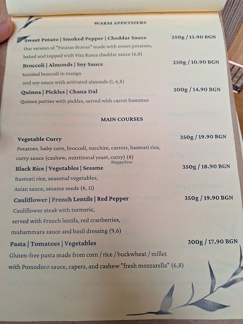 Menu at Vita Rama in Sofia