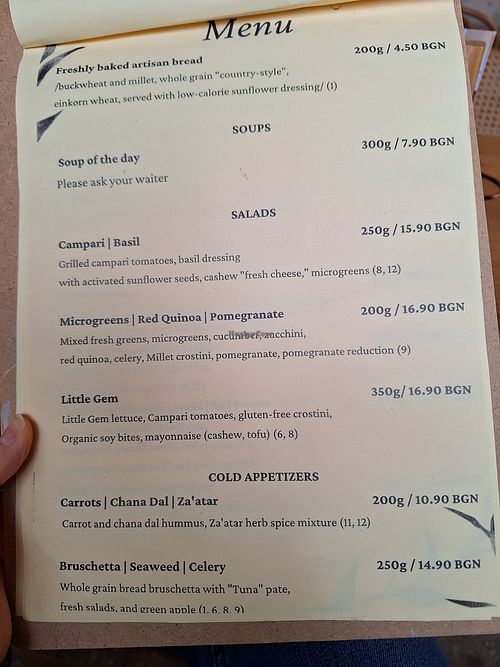 Menu at Vita Rama in Sofia