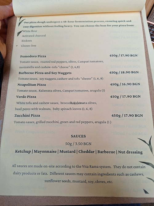 Menu at Vita Rama in Sofia
