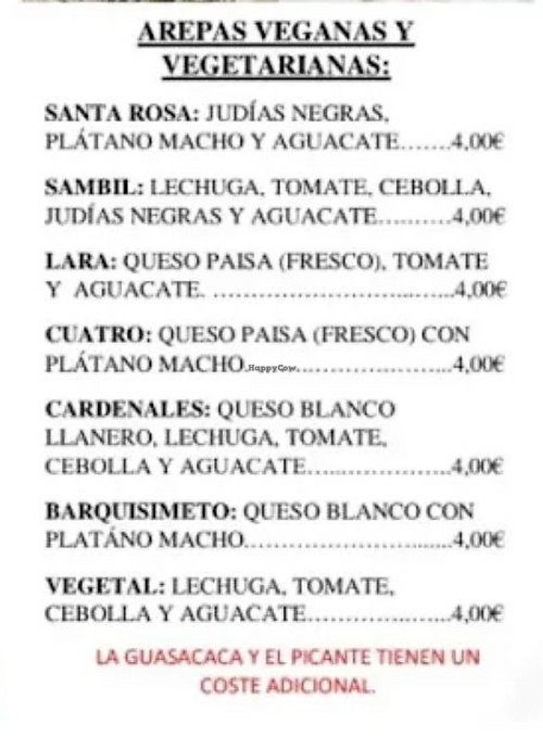 Vegetarian Menu (first two arepas are vegan) at Arepas Asadas Na' Guará La Cuesta in Tenerife