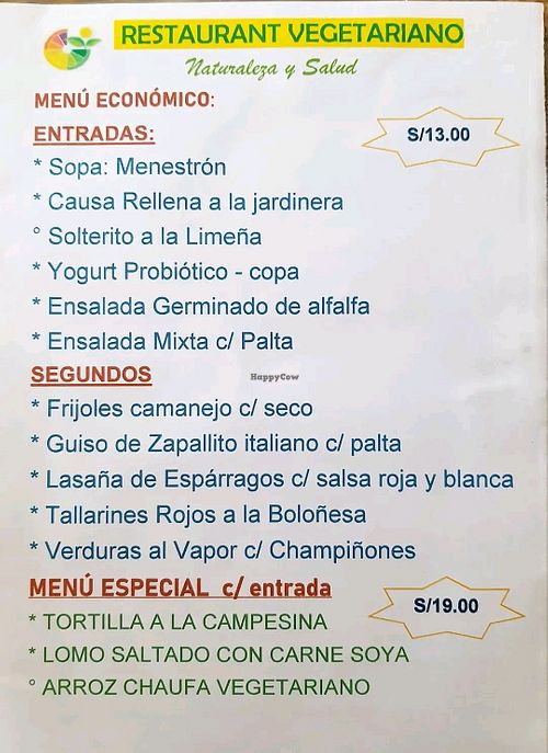 Menu April 2025 at Restaurante Vegetariano Naturaleza y Salud in Lima