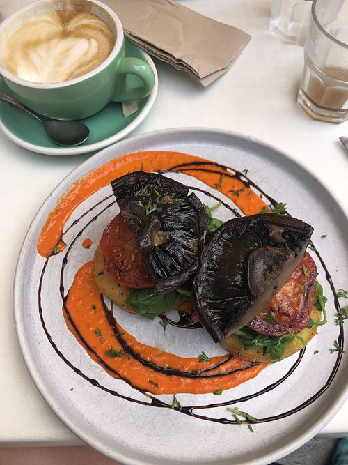 Vegan stack and coffee   at Ahuriri Village Kitchen in Napier