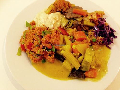 Buffet, all you can eat for 9 euro.
 at Loving Hut in Helsinki