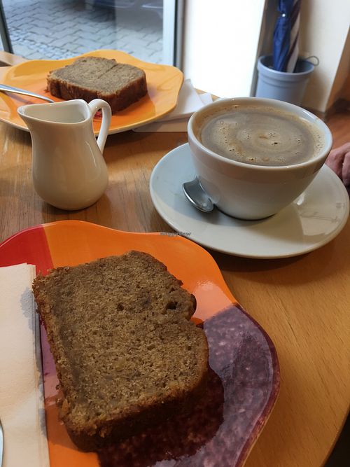 Banana bread and coffee  at Cosmos-Heart Cafe in Augsburg