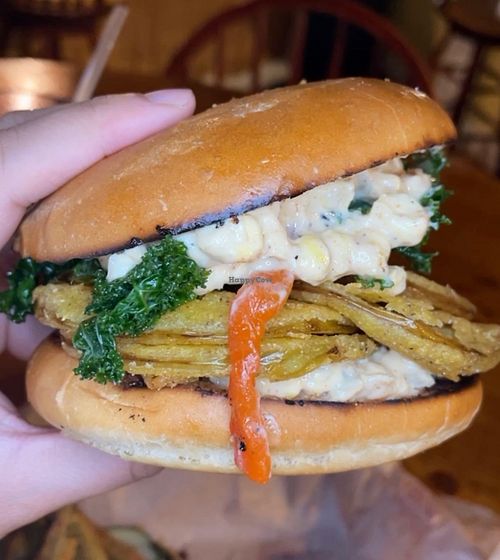 Had the vegan fried green tomato sandwich with fried okra and it was AMAZING  at Kingfisher Sandwiches in Pensacola