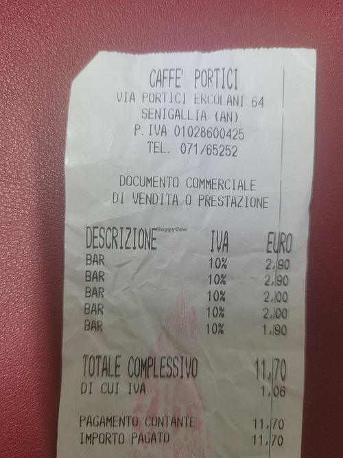 Cappuccio di Soia 2,90, micro crostatina 5cm: 2 euro - croissant veg: 1,90. Dicono dovuto al servizio al tavolo, da quando in qua si aumentano i prezzi dei singoli prodotti? at Caffè Dei Portici in Senigallia