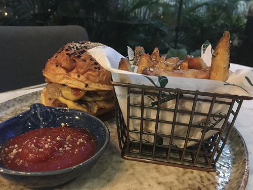 Beyond meat burger with french fries   at Ver De in El Nido