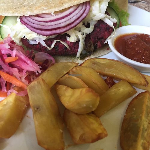 Veggie burger on a glutenfree wrap at Earth Cafe and Market in Ubud