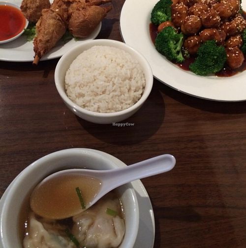 soy drumsticks sesame chicken and wonton soup at Green Sprout in Atlanta
