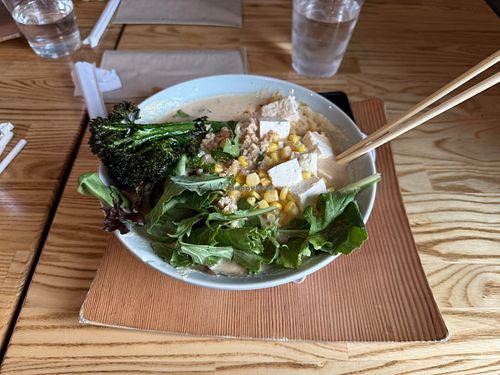 The vegan ramen with broccolini stalks and lettuce.  at HiroNori Craft Ramen in Cupertino