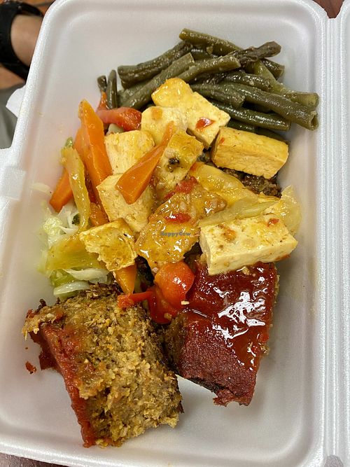Tofu, green beans, pecan loafs, vegetables   at Ma's Vegi Deli in St Thomas