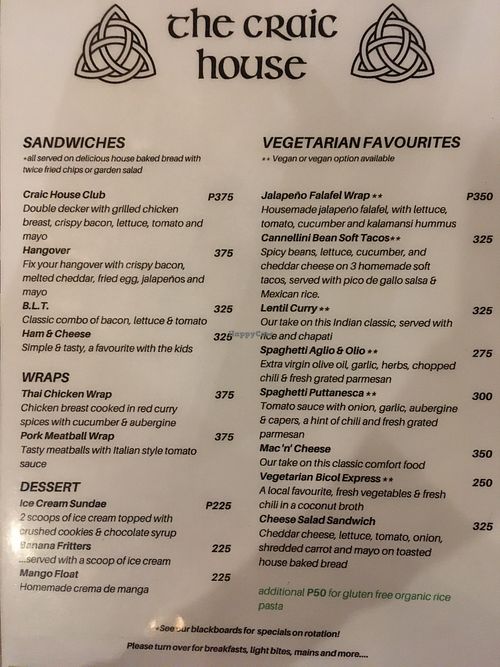 Menu with vegetarian options. Veganizable options indicated.  at The Craic House in Malapascua Island