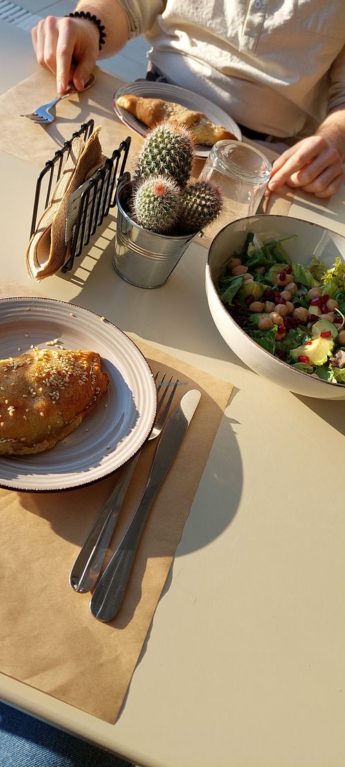 Spinachpita and salad at GOJI Vegan Hotel in Rhodes
