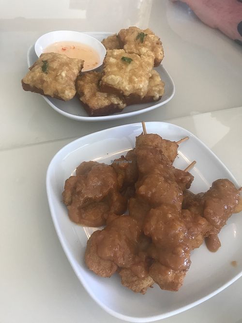 Mushroom toast and satay sticks  at Green Palace Thai Vegetarian in Cabramatta