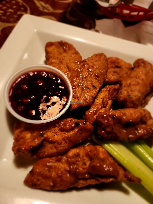 Veggie wings! (Pro tip: Order veggie wings with Thai peanut butter and Melba sauce on the side) aka PB&J wings! at The Lucky Turtle Grill in Fort Wayne