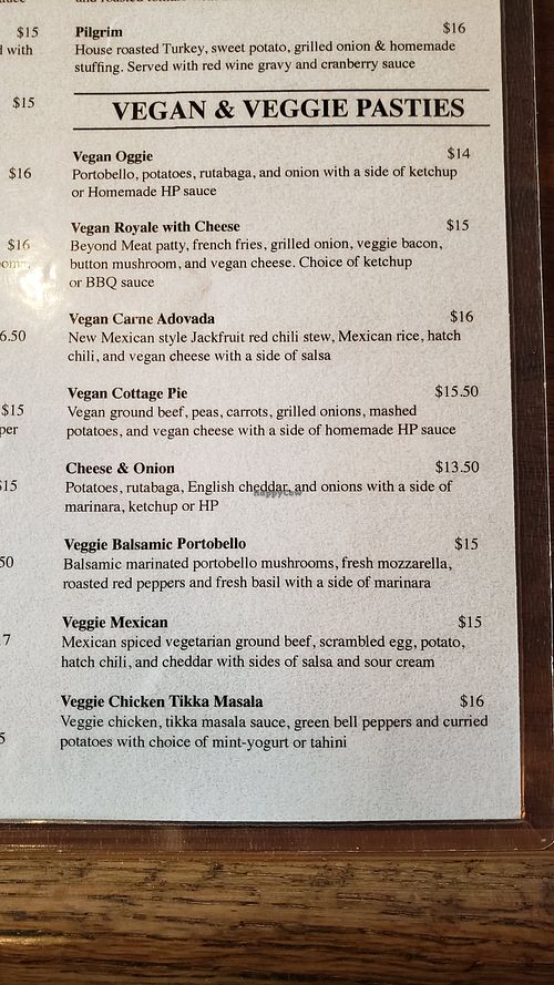 Veg menu at Cornish Pasty Co in Boulder City