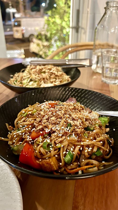 Drunken noodles and papaya salad  at Little Pearl in Manly