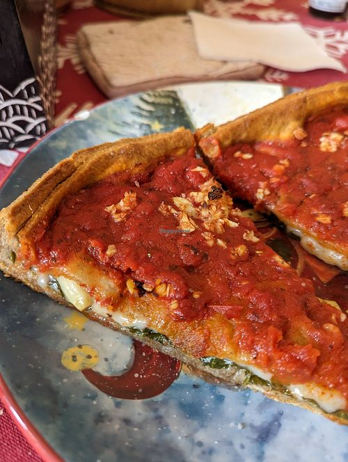 Vegan pizza with Daiya cheese, spinach and garlic at Patxi's Pizza in Livermore