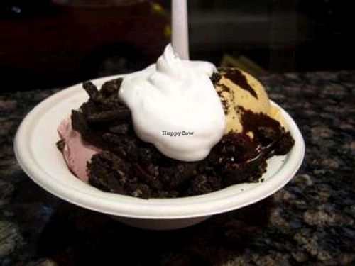 My sundae : salted caramel and strawberry ice cream, cookie crumbs, hot fudge and coconut cream at FoMu in Allston