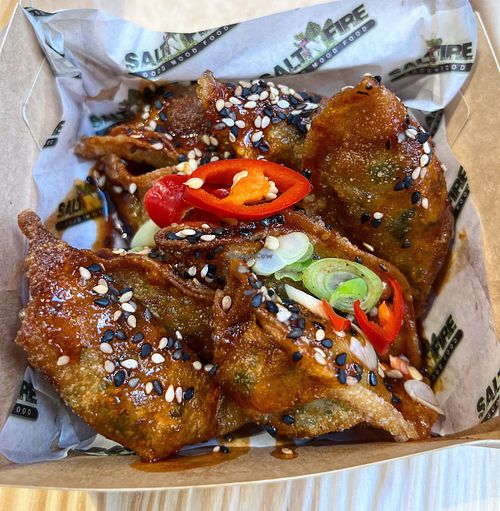 Chive and leek wontons  at Salt N Fire in Inverness