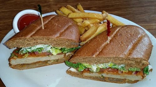 The Buffalo Bomber, made 'El Dorado' style (grilled onions and jalapenos.) Delicious!  at Veggie Grill by Next Level in Portland