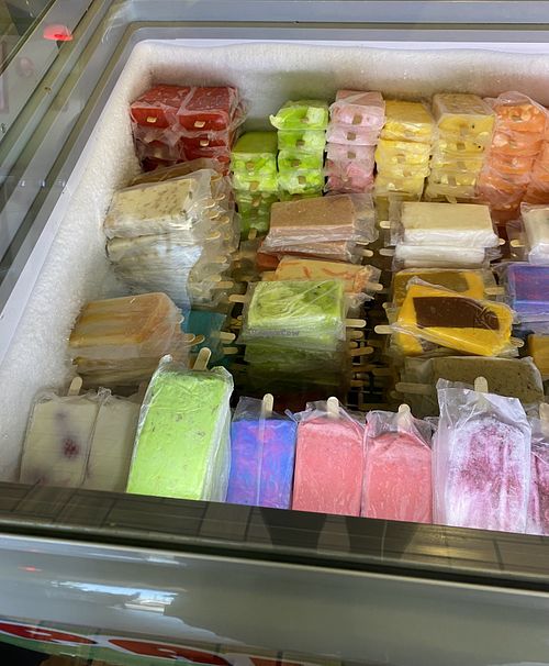 Top Row Made of Fruit de Agua (Water-based) Always Confirm  at Paleteria Neveria La Flor de Michoacan in Riverbank