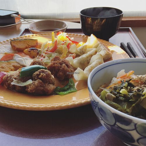 Soy meat set meal with gyoza, rice bowl and miso soup at Prunus in Kyoto