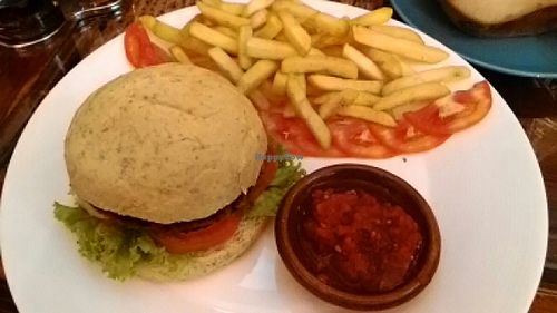 Vegan veggie burger with chips at Dada Kafe in Chiang Mai