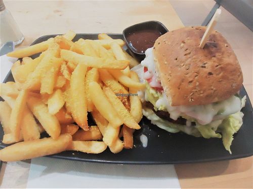 Best hamburger and fries! at Hari's Vegetarian in Haymarket