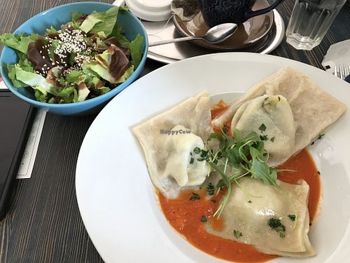 Delicious lunch special — ravioli and a salad   at Cafe Erde in Graz