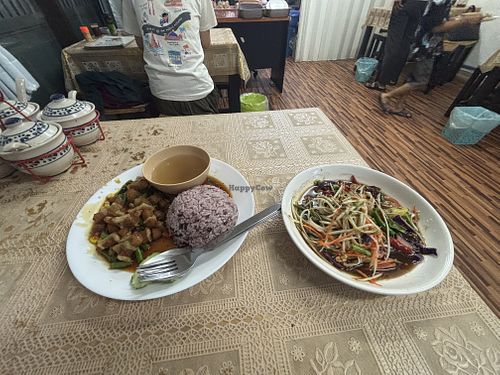 Fried protein with rice, Som Tam  at Eat Me Veggie & Vegan in Bangkok