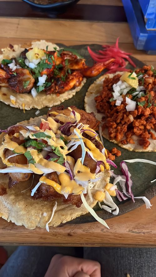 Mushroom al pastor, soyrizo, and ensenada style cauliflower tacos all vegan    at Xécora in El Monte