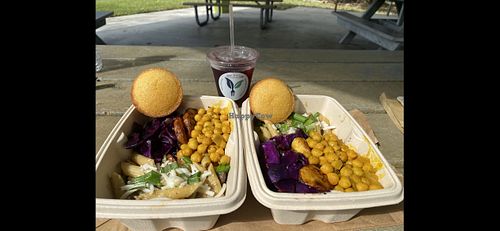 Rasta Pasta aded to chickpea curry rice bowl with cornbread. Yummy! #Veganuary at Blue Tree Cafe Vegan Soul Food - Cloud Kitchen in Fort Lauderdale
