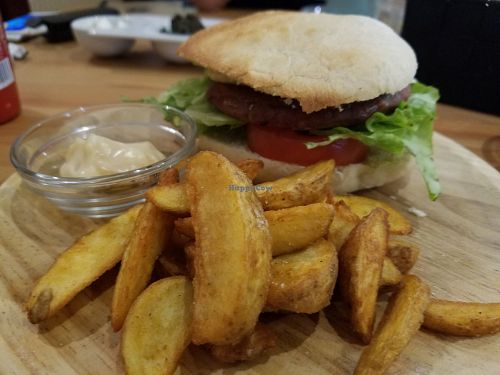 Burger and fries at La Oveja Negra in Madrid