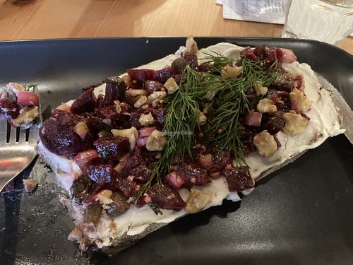 Beet open faced sandwich with vegan cream cheese  at Lagom in Bremen
