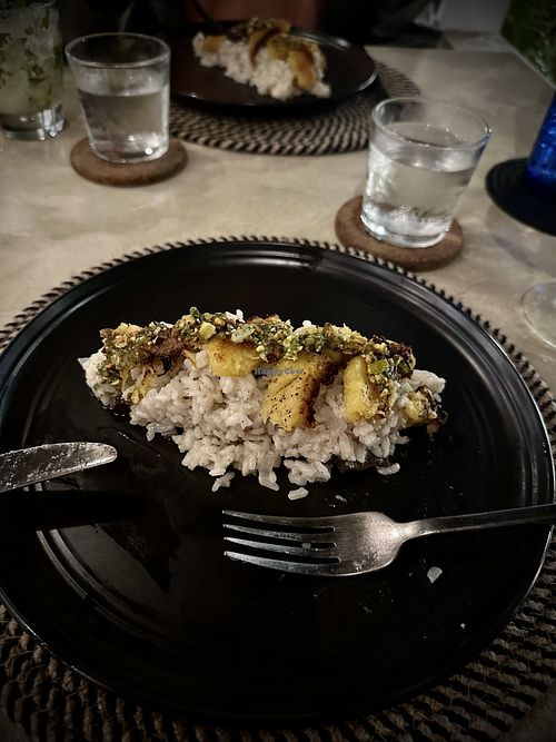 Vegan butternut squash risotto with pistachio pesto   at Silversides in Roatan