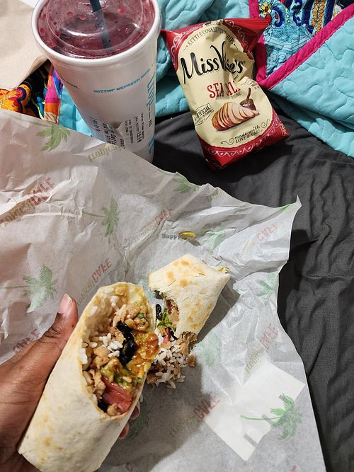 Baja Chicken Wrap (sub plant protein & no cheese), sea salt chips, Acai Berry Blast Smoothie at Tropical Smoothie Cafe in League City