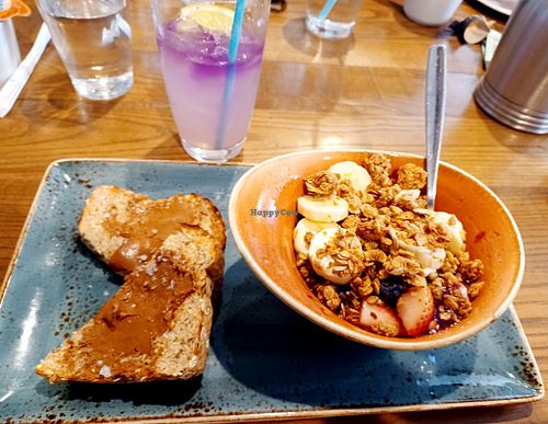 Superfood bowl, toast with almond butter and lemon tea with butterfly pea powder at First Watch in Fort Collins
