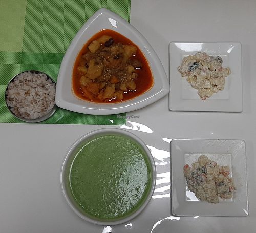Hungarian goulash; Broccoli soup; Potato salad at Loving Hut - UB13 in Ulaanbaatar