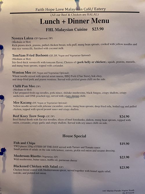 Menu   at Faith Hope Love Malaysian Cafe in Napier