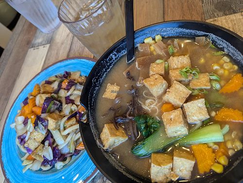 I got the vegan ramen (black bowl). My grandmother got the special udon noodles with cabbage (but I think it has fish sauce, not sure, she is not veg so she didn't ask). at Maken Zi Ramen & Rice Bowls in West Boylston