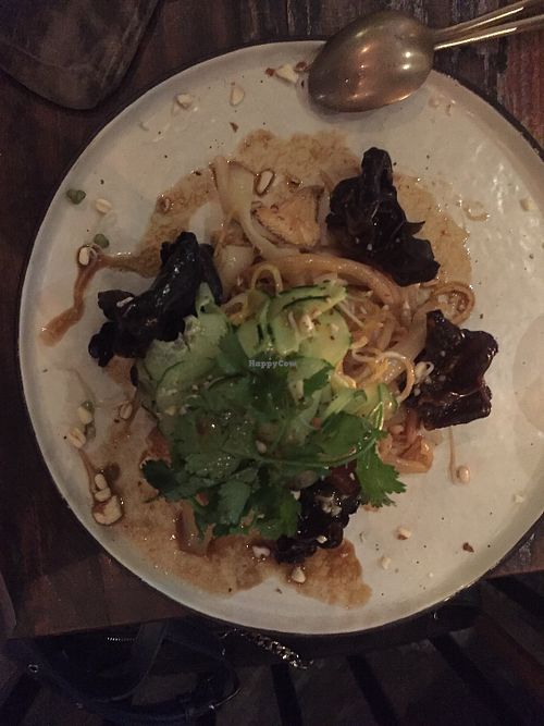 From 2017 summer menu:
KELP & MUNG BEAN NOODLE SALAD
Pickled Cloud Ear. Blanched Hedgehog Mushroom. Chinkiang Vinaigrette. Fresh Cilantro. Sprouted Almonds (R.V.GF.BF) at Nectar in Hong Kong Island