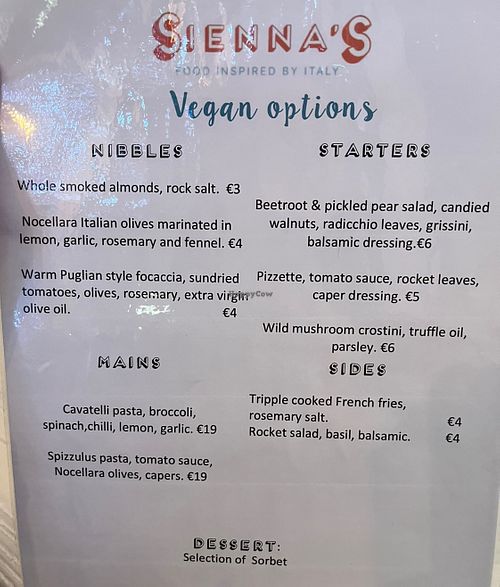 Separate vegan menu not mentioned on their website!   at Sienna's in Dublin