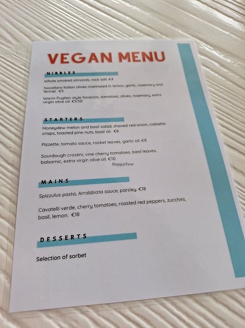 Current vegan menu June 2025, not on website at Sienna's in Dublin